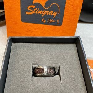 925 Sterling Silver stringray fish leather ring